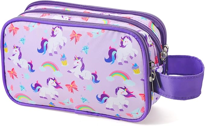 Kids Toiletry Bag for Girls, Travel Toiletry Bag for Little Young Girls Cosmetic Bag Makeup Bag Waterproof Hanging Wash Bag Toddler Toiletries, Unicorn Purple