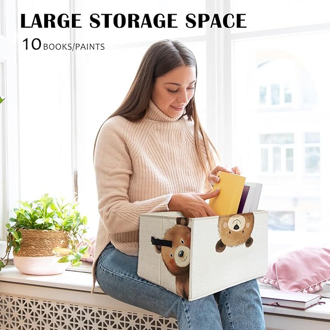 Rectangular Bear Basket Cute Animal Woodland Storage Basket Organizer Bins With Handles,Toy Baskets Storage Kids,Bear Laundry Baskets Organizer Collapsible Basket for Nursery Bedroom Bathroom