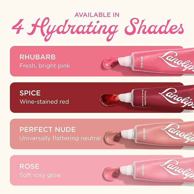 Lanolips Tinted Lip Balm - Moisturizing, Color-Tinted Balm with Lanolin & Vitamin E for Dull, Dry, Cracked Lips, Rhubarb (12.5g / 0.44oz)