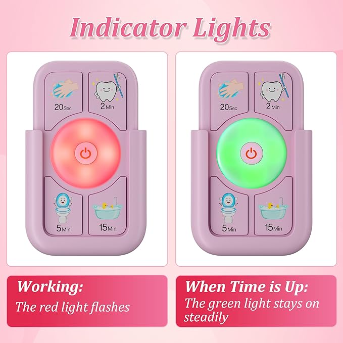 Timer for Kids Brushing: 2 Minutes Teeth Brush 20 Seconds Hand Washing 5 Min Toilet 15 Min Shower, Time Management Tool for Children - Pink