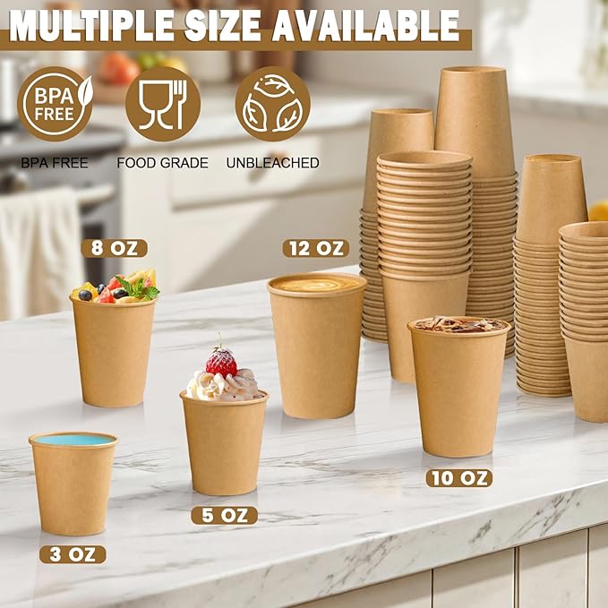 Lamosi 210 Pack 12 OZ Paper Coffee Cups, Disposable Kraft Paper Cups, Unbleached Brown Cups for Hot/Cold Beverage Party Home Office