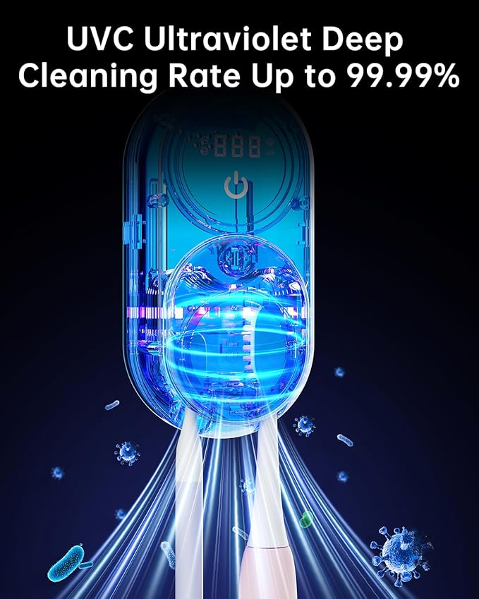 Toothbrush Holder & Toothbrush Cleaner, UV Toothbrush Sanitizer and Holder 2 Slots, Cleaning and Fan & Heat Drying, LED Smart Screen, Wall Mounted Tooth Brush Holder for Bathrooms (White)