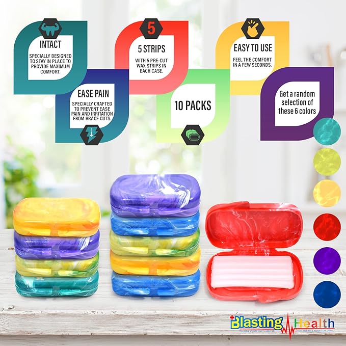 Orthodontic Dental Wax for Braces – Premium Braces Wax in Designer Marble Cases, Tooth Wax for Braces, Clear & Unscented, 10-Pack Assorted Colors