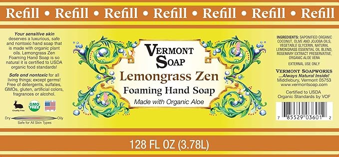 VERMONT SOAP Organics Foaming Hand Soap, Liquid Soap with Pre-diluted Formula - Ready to Use Lemongrass Hand Soap With Convenient and Economical Gallon Refill Size
