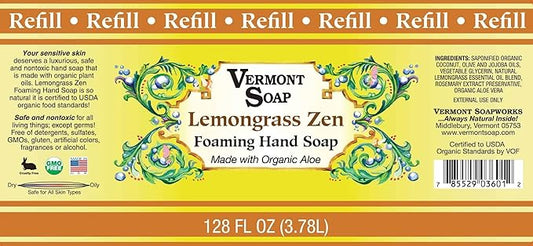 VERMONT SOAP Organics Foaming Hand Soap, Liquid Soap with Pre-diluted Formula - Ready to Use Lemongrass Hand Soap With Convenient and Economical Gallon Refill Size