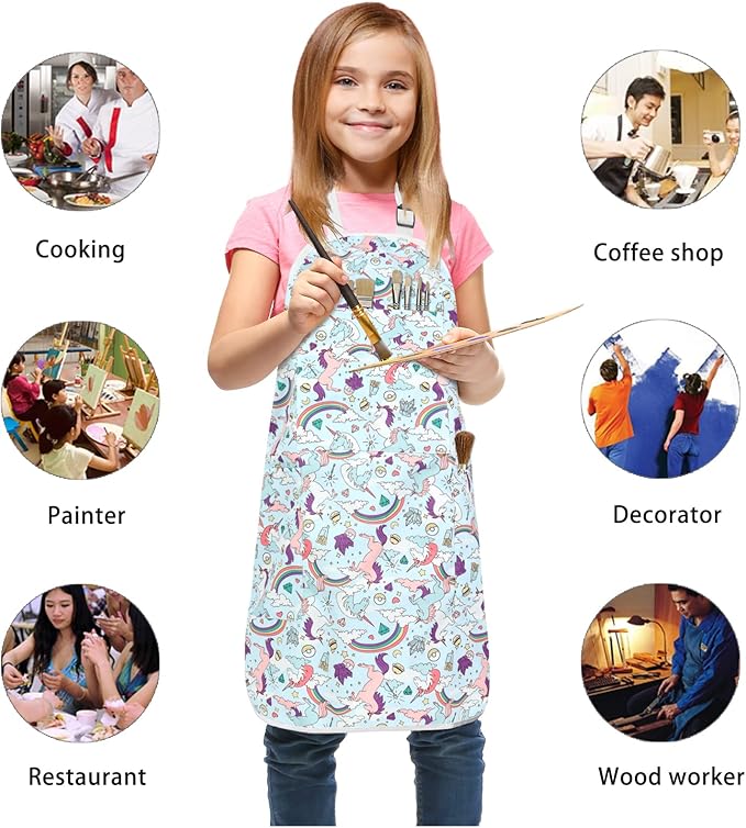 FreeNFond Kids Apron Adjustable Child Apron with 4 Pockets for Baking Painting