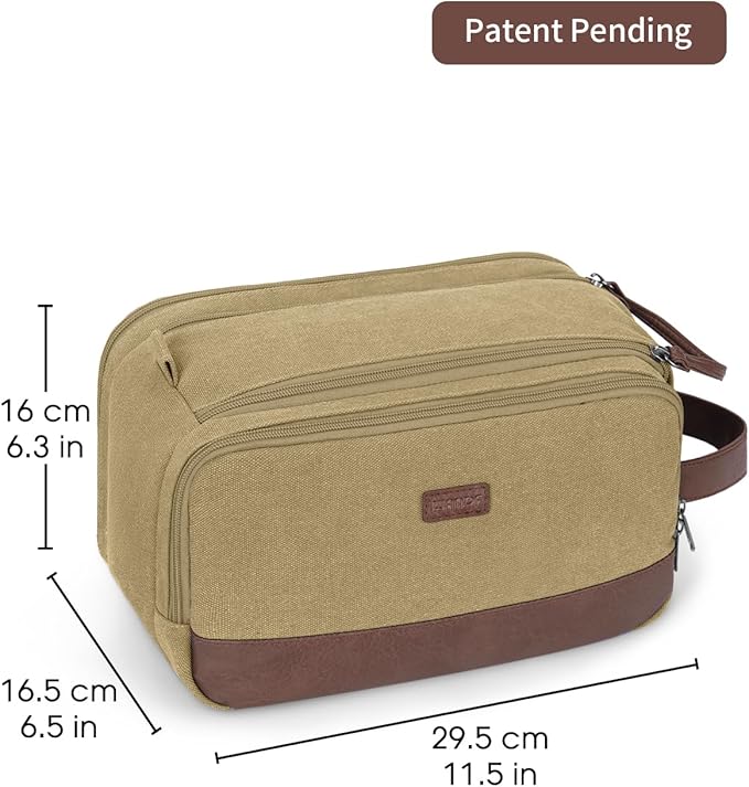 WANDF Toiletry Bag for Men Travel Toiletry Organizer Canvas and Leather Dopp Kit Water-Resistant Shaving Bag for Travel Accessories (Classic Khaki, Large)