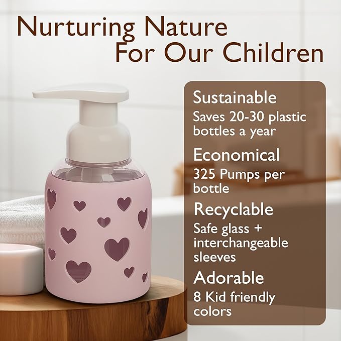 SoCal Suds & Company Glass Foaming Hand Soap Dispenser, Heart Silicone Sleeve, Refillable Pump Bottle for Kids, Baby Wash & Shampoo, Ideal for Home Use, Soft Pink 8oz