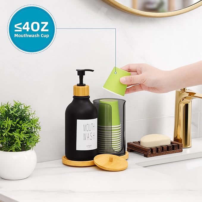 VITVITI Mouthwash Dispenser for Bathroom, Mouth Wash Pump Bottle with Paper Cup Holder, 17Oz Refillable Black Mouthwash Container with Bamboo Lid/Tray/Label