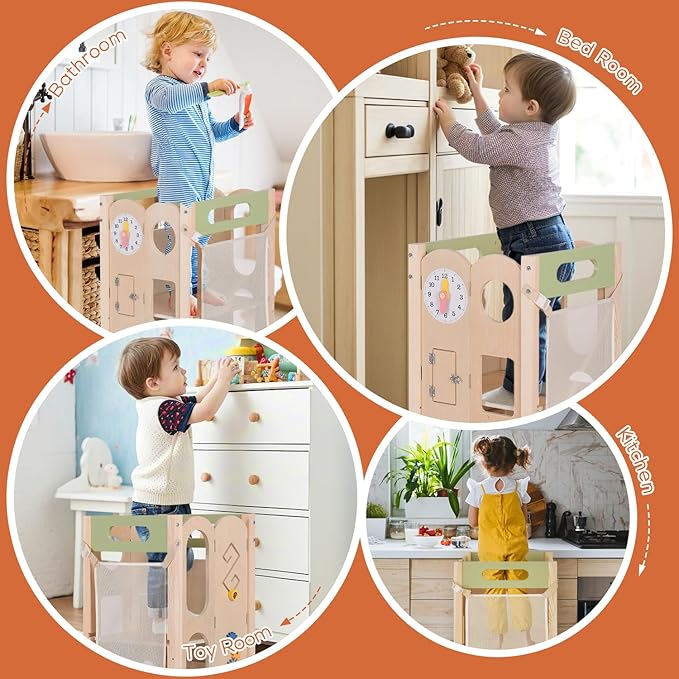 6 in 1 Toddler Tower with Removable Ladder, Foldable Wooden Kitchen Step Stool for Kids, Adjustable Children Helper Tower for Baby, Standing Tower with Safety Equipment and Black Board
