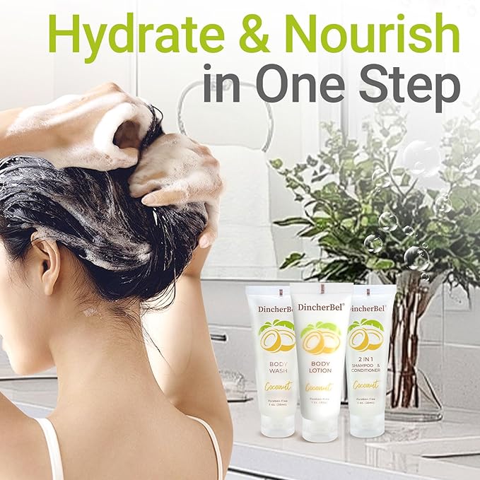 Travel Size Toiletries Kits, Bulk Mini Hotel Guest Amenities (Tropical Coconut, 1oz each), 3-Piece Sets Refreshing Coconut Scent - 50 Shampoo & Conditioner 2 in 1, 50 Body Wash and 50 Body Lotion