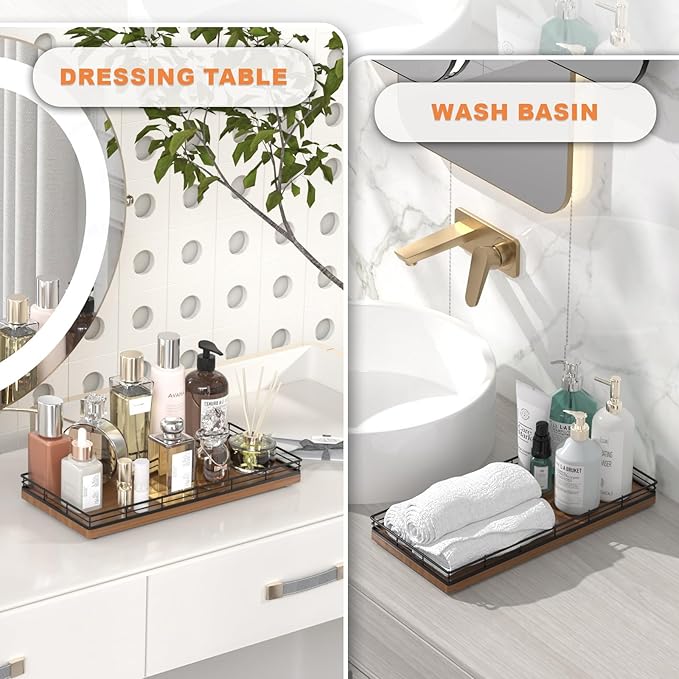 Oak Bathroom Toilet Tank Tray, 13" Wood Back of Toilet Paper Storage Tank Topper Basket, Vanity Tray for Perfume Makeup Candle Toiletry Organizer for Kitchen Coffee Table Walnut Tray Decor