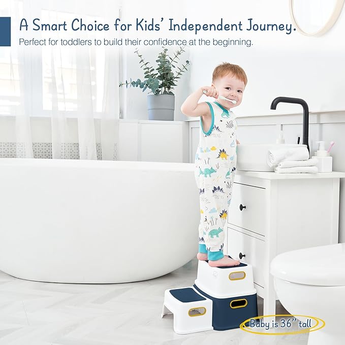 Forbena Toddler Step Stool for Bathroom Sink, Two Step Stool for Kids Toilet Potty Training, Toddlers Baby Child Kid Plastic Poop Stools with Handles for Kitchen Counter Bed (Navy Blue-Yellow)