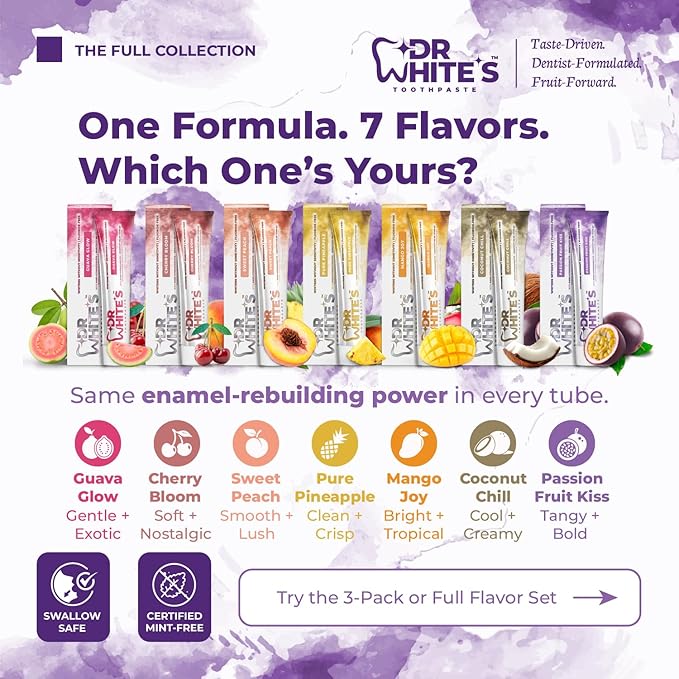 Dr. White’s Fluoride-Free nHA Toothpaste 3-Pack; Dentist-Formulated, Nano Hydroxyapatite + Xylitol, Sensitivity Relief Complex™, Mint-Free, Enamel Safe, Swallow-Safe (3.5 Oz, Passion Fruit Kiss)