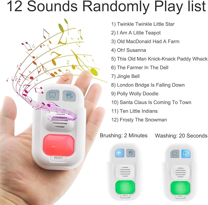 LUXSWAY Kids Musical Timer for Teethbrushing with 3 Level Volume, 20 Seconds Handwash Timer and 2 Minutes Teeth Brush Musical for Kids Training, Battery Powered Indicator LED Light