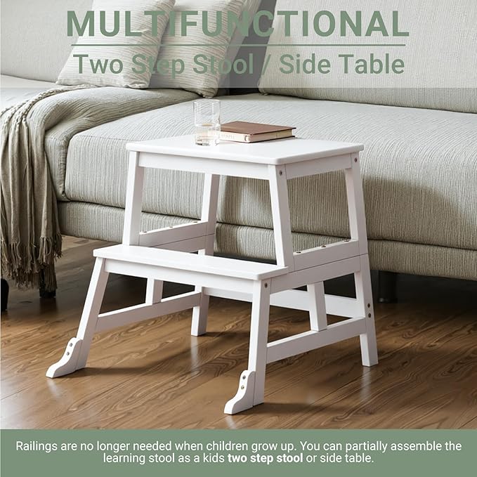 COSYLAND Kids Kitchen Step Stool Helper with Gloves Removable Anti-Drop Railing Safety Rail, Non-Slip Mat Standing Tower Stepping Stool for Toddlers Bathroom Sink Counter Learning 1.5-3 Years White