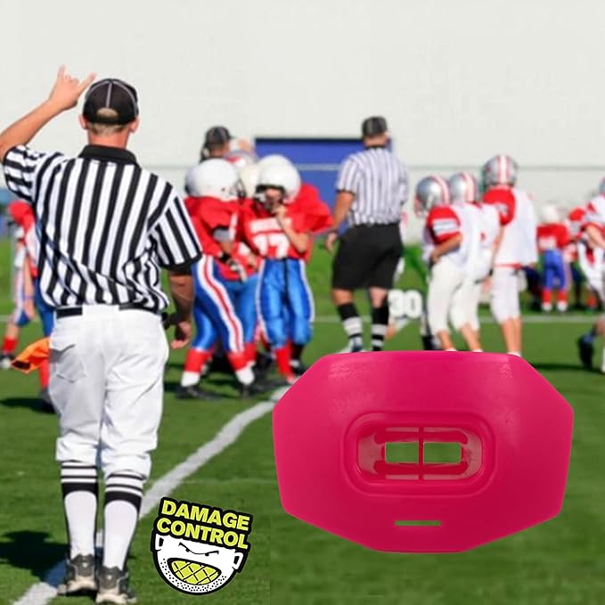 DAMAGE CONTROL Youth Football Mouth Guard – Breathable No Boil Mouthpiece, Protects Lips & Teeth, Works with Braces, Includes Helmet Strap – Sports Gear & Accessories (Hot Pink)
