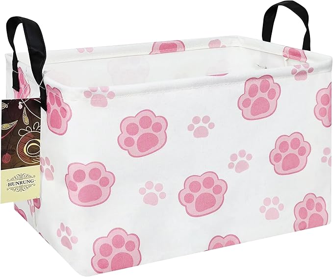 HUNRUNG Rectangle Storage Basket Cute Canvas Organizer Bin for Pet/Children Toys, Books, Clothes Perfect for Rooms/Playroom(REC-Pink Paw)