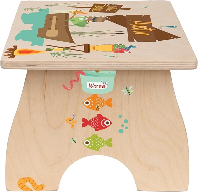 Gone Fishing Step Stool for Toddlers- Bloom Owl Personalized Wood Kids Step Stool with Name for Kitchen Sink, Bathroom, Potty Training, Toilet, Kitchen Sink- Cute, Sturdy and Safe (Fishing)