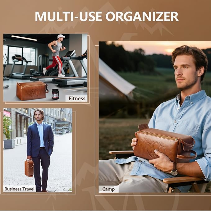 Personalized Toiletry Bag for Men,Initial Mens Toiletry Bags for Traveling,Men Travel Toiletries Bag,PU Leather Shaving Bag for Toiletries Accessories kit (M, Brown)