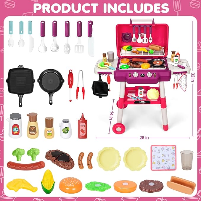 Kids Play Kitchen Toys, Kids BBQ Grill Playset with Smoke Sound Light, 2-Layer Barbecue Toy with Wheels, Outdoor Play Food Toys Cooking Set for Toddler 3-5, Birthday for Boy Girl (Pink)