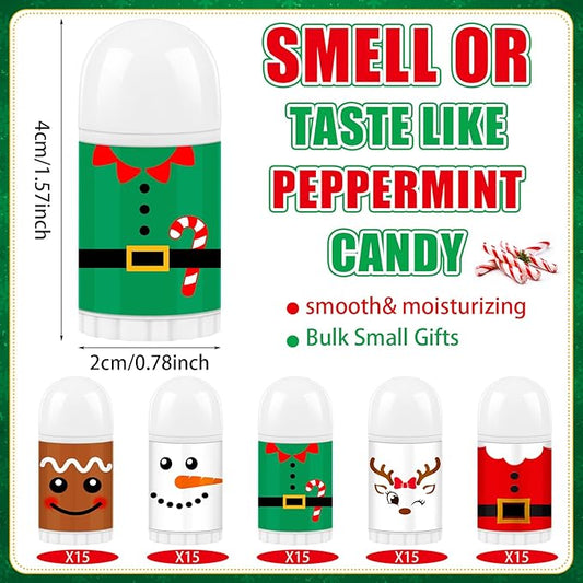 75 Pcs Christmas Lip Balm Bulk Mini Candy Cane Peppermint Flavor Lip Balms Bulk Christmas Stocking Stuffers Xmas Party Gifts Small Thank You Employee Appreciation Gifts for Women Men (Xmas Character)