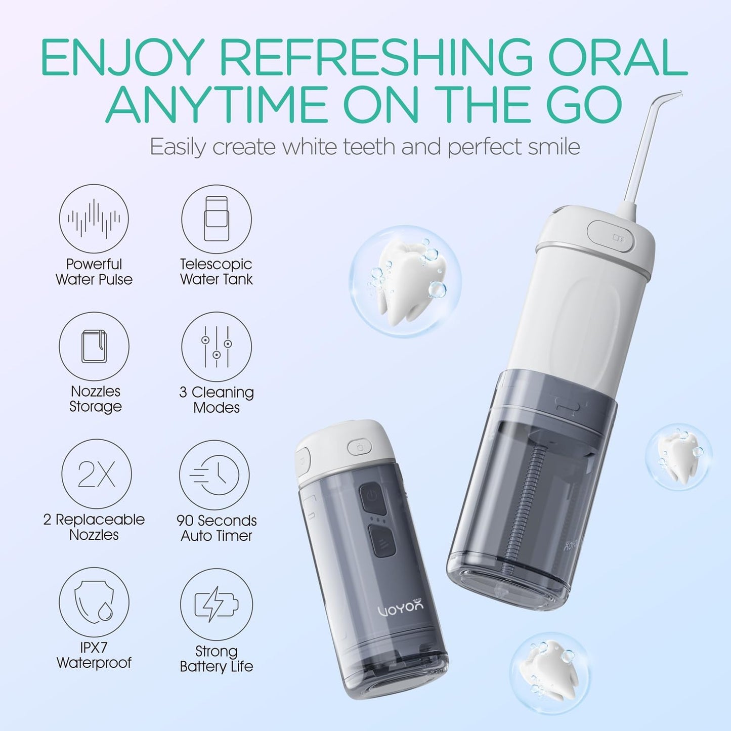 VOYOR-HEALTH Portable Water Flosser Cordless, Mini Travel Oral Irrigator with Telescopic Water Tank, IPX7 Waterproof Water Dental Flosser for Teeth Cleaning Braces & Dental Care WF510 (Silver)