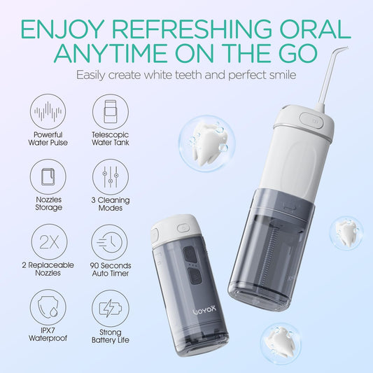 VOYOR-HEALTH Portable Water Flosser Cordless, Mini Travel Oral Irrigator with Telescopic Water Tank, IPX7 Waterproof Water Dental Flosser for Teeth Cleaning Braces & Dental Care WF510 (Silver)