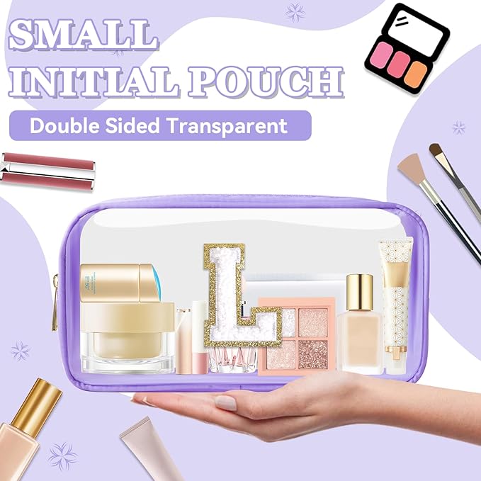 Small Clear Personalized Initial Makeup Bag,Nylon Preppy A-Z Chenille Letter Patch Cosmetic Pouch Beach Toiletry Bag,Waterproof Zip Travel Purse Storage Bag Organizer for Women Girls(Purple-White L)