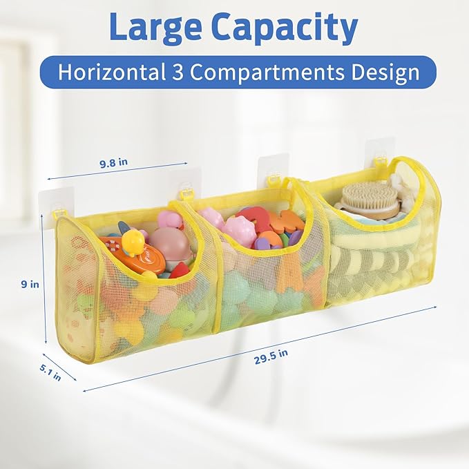 Goowin Bath Toy Storage, Bath Toy Holder, 3 Compartment Large Openings Bath Toy Organizer, Large Capacity Bath Tub Toy Holder, Kids Bathtub Toy Storage For Accessing & Sorting Toys (Yellow, Regular)