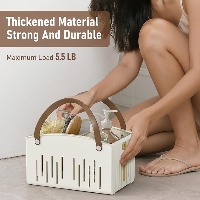 Delamu Portable Shower Basket Caddy with Double Handle Foldable Dry Wet Separation Design 11.0 × 7.1 × 6.5in, Travel, Camping, Gym, College Bathroom Tote, White, Ideal Christmas Gifts for Girls