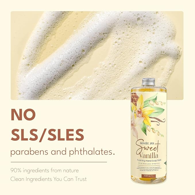 ROMIIE ZOI Foaming Hand Soap Refill Gift Set – Sweet Vanille Scent – 3 Pack (1000ML Each) with Dispenser, Gentle & Moisturizing Plant-Based Formula – Bulk Refill Bottles for Bathroom & Kitchen Use