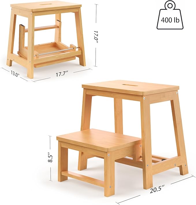 Bamboo Folding Step Stool with Sturdy Structure and Wide Stepping Surface for Safety, Multi-Purpose Foldable Step Ladder for Bathroom,Bedroom,Kitchen Step Stools for Kids & Adults, 400 lbs