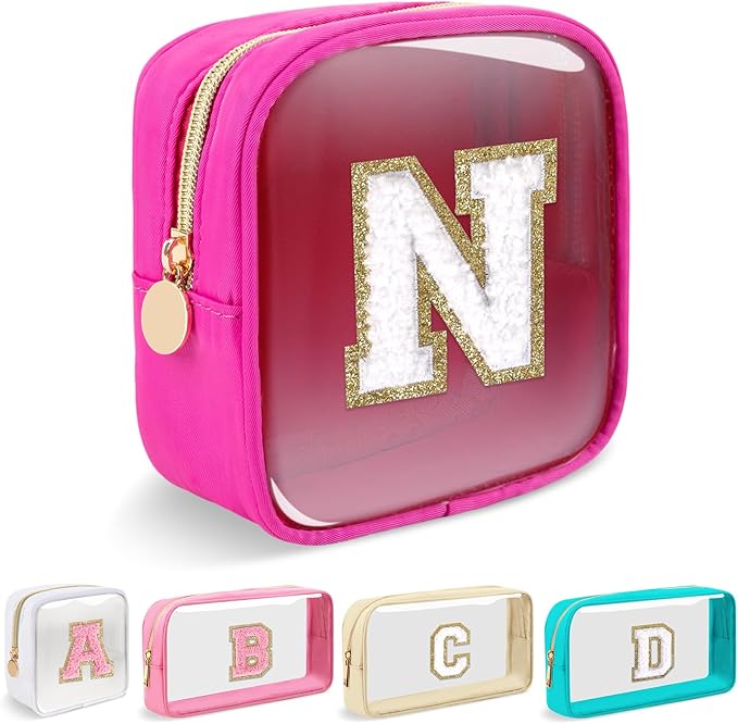 Mini Clear Personalized Initial Makeup Bag,Nylon Preppy A-Z Chenille Letter Patch Zipper Cosmetic Bag, Small Cute Beach Pouch Travel Purse Sanitary Napkin Storage Bag for Women Girls(Hot Pink-White N)