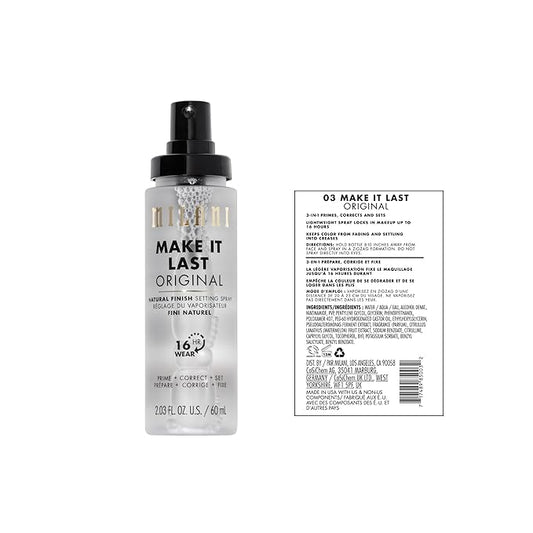 Milani Setting Spray + Primer, Make It Last Original - Natural Finish with Niacinamide for Hydration, Setting Spray for Makeup and Face Primer, 3-in-1 Prime + Hydrate + Set, 2.03 Fl. Oz