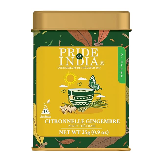Pride of India | Lemongrass Ginger Zesty Fresh Tea | 15 Pyramid Full Leaf Individually Wrapped Tea Bags | 100% Herbal Blend from Single Origin | Tangy & Spicy Flavor | Caffeine-Free
