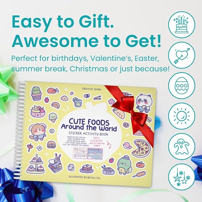 Girly Sticker Book Activity for Kids, Cute Foods Around The World by Cupkin, Toddler Airplane Travel Essentials, 500+ Stickers for Kids 12 Scenes + Coloring Book Pages, Crafts Ages 2-8