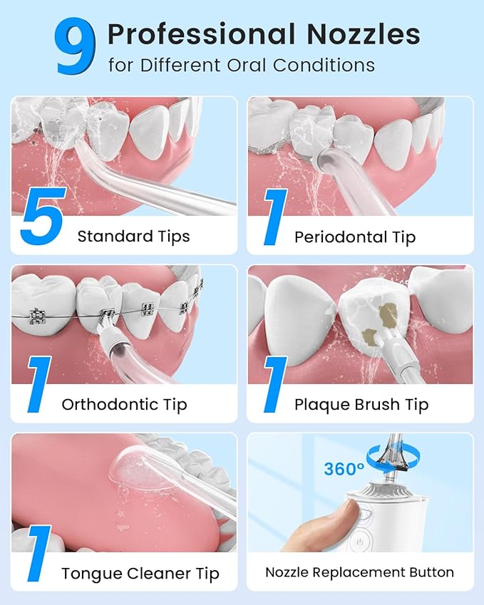 Water Flosser, Cordless Water Dental Flosser, 9 Jet Tips 5 Modes 300ML IPX7 Waterproof, Portable Rechargeable Oral Irrigator for Home Travel - Gums, Orthodontic, Braces Care - Black (White)