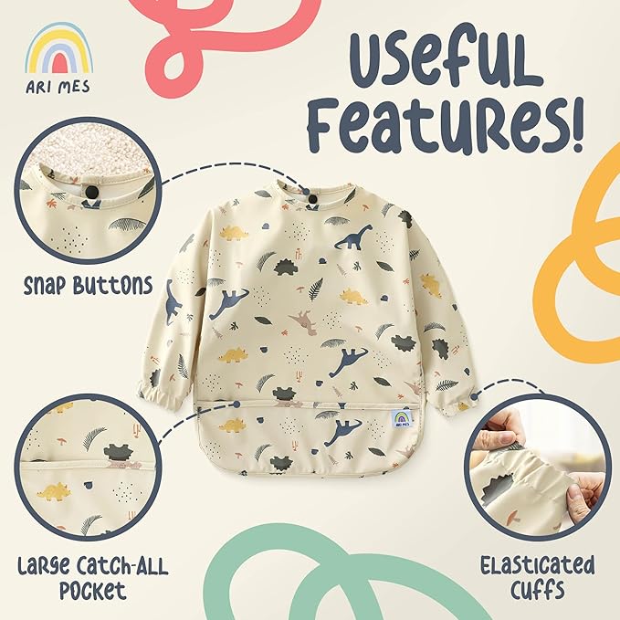 ARI MES Long Sleeves Waterproof Baby Bibs for Eating - Cherries, Medium- Wearable, Coverall for Toddler, Long Sleeve Bib, Smock Apron for Feeding - Applicable for 6-72 Months