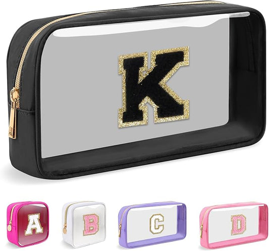 Small Clear Personalized Initial Makeup Bag,Nylon Preppy A-Z Chenille Letter Patch Cosmetic Pouch Beach Toiletry Bag,Waterproof Zipper Travel Purse Storage Bag Organizer for Women Girls(Black-Black K)