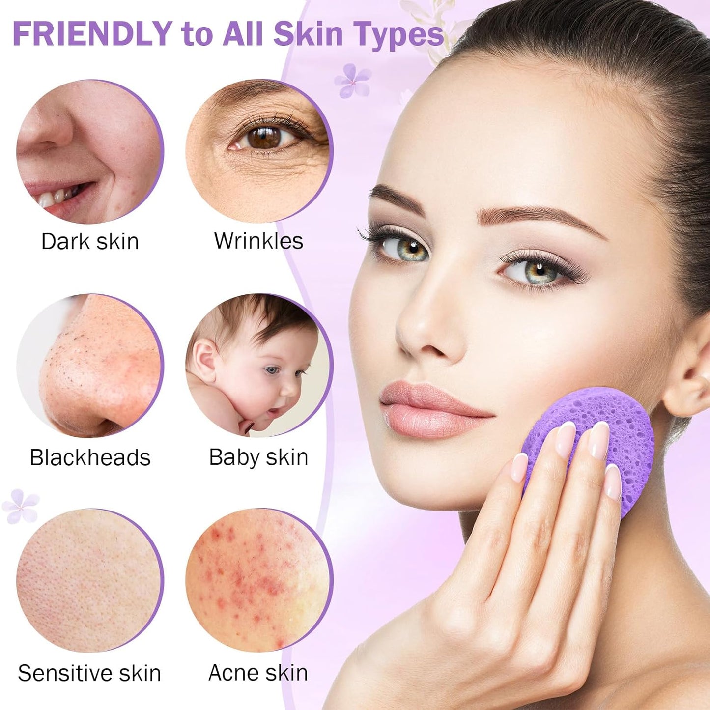 Amyhill 300 Count Compressed Facial Sponges Natural Face Sponges for Cleansing Disposable Facial Exfoliating Pads for Estheticians(Purple)