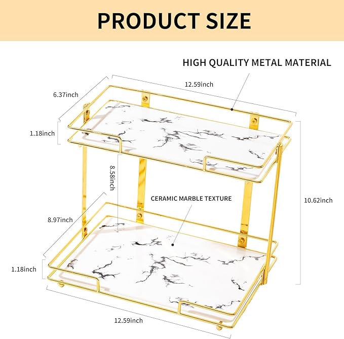 2 Tier Bathroom Cabinet Countertop Organizer Perfume Lipstick Makeup Organizer Cosmetics Storage Display Rack Vanity Tray Metal Dresser Storage Shelf White Marble Ceramic Tray Golden