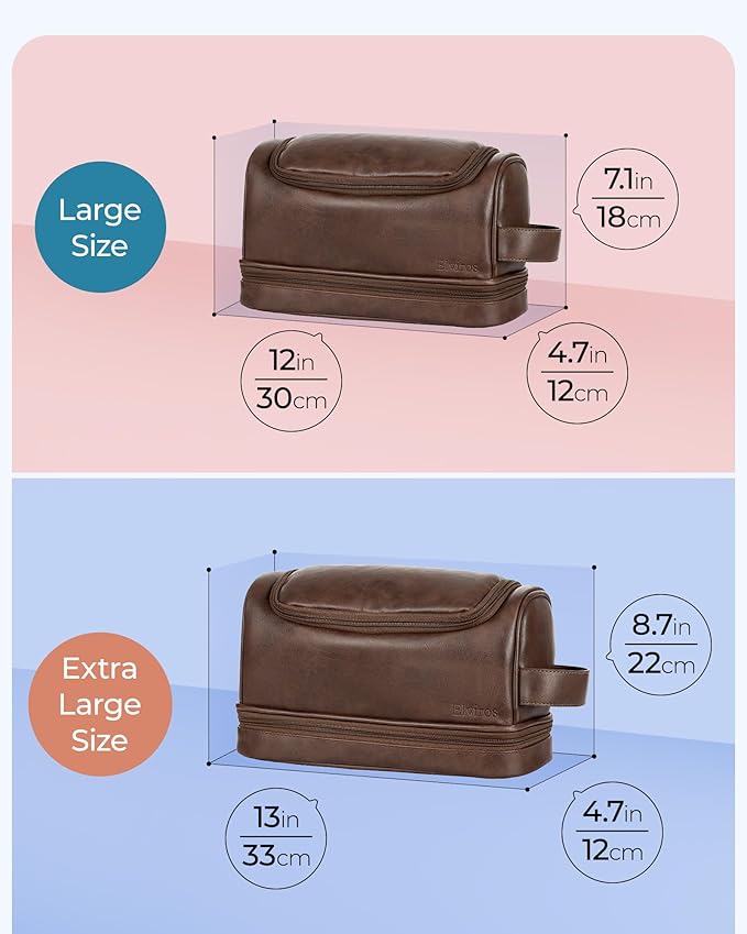 Elviros Toiletry Bag for Mens PU Leather Travel Organizer Kit with Hanging hook, Large Water-resistant Toiletries Bathroom Shaving Bags (Extra Large, Coffee)
