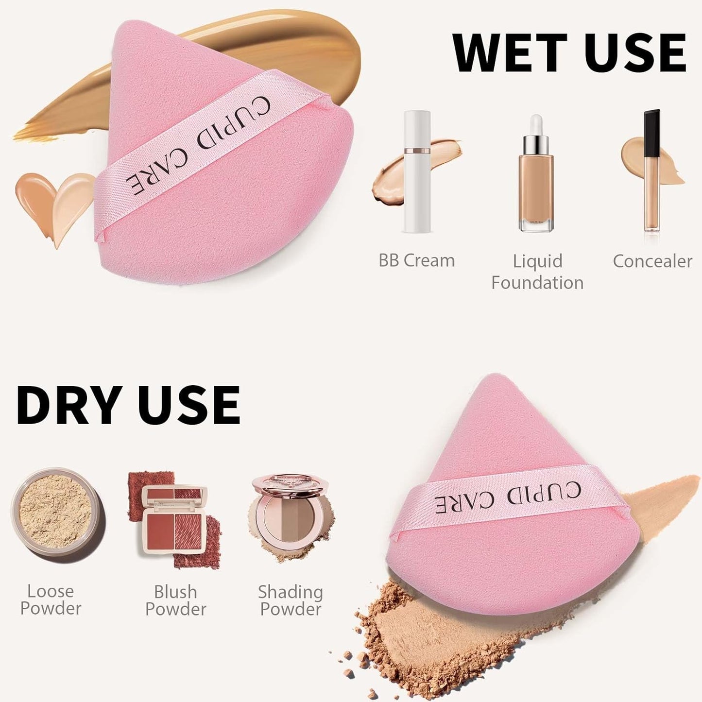 6 Pcs Triangle Powder Puff with 2 Travel Cases, Setting Powder Puffs for Face Powder and Foundation, Velour Makeup Puff for Loose Powder Body Powder, Skin-Friendly, Beauty Makeup Tools