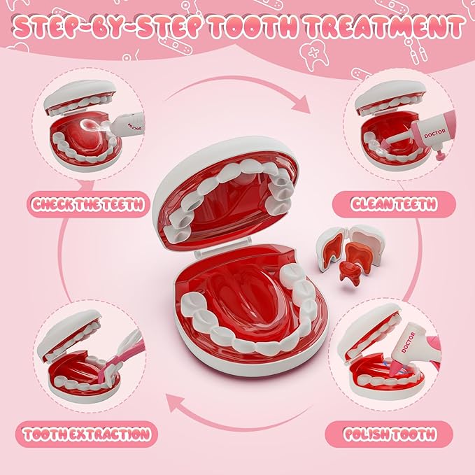 Toy Doctor Kit for Toddlers, Kids Dentist Play Set with Dentist Chair, Doll Toy, Stethoscope, Large Carrying Storage Bag, Dental Accessories, Pretend Doctor Play Medical Gift Kit for Girls(Pink