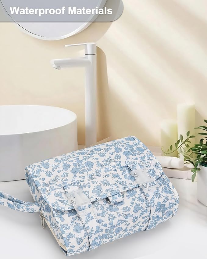 Relavel Small Hanging Toiletry Bag for Men and Women, Portable Hanging Organizer for Travel-Sized Shower Dopp Kit, Waterproof Toiletries Organizer with 3 Compartments for Outdoor - Blue Flower