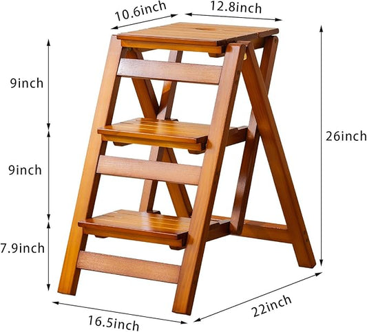 Latifolia Foldable 3 Step Ladder, Wooden Step Stool with Floor Saver, Decorative Ladder Shelf for Living Room, Kitchen, Garden(Walnut)