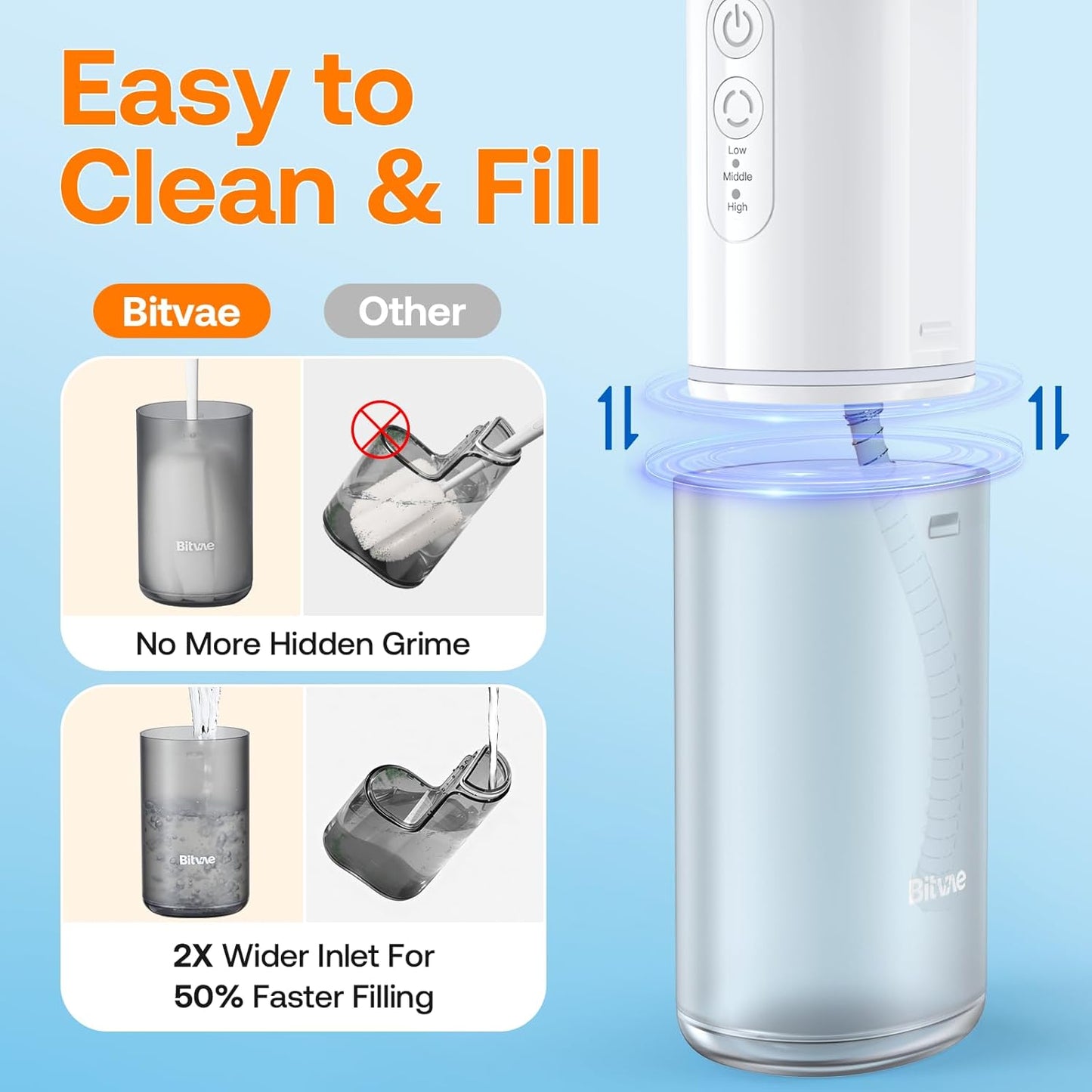 Bitvae P1 Portable Mini Dental Flosser, Cordless Water Cleaner with Telescopic Tank, Rechargeable Oral Irrigator for Travel & Home, Frost White