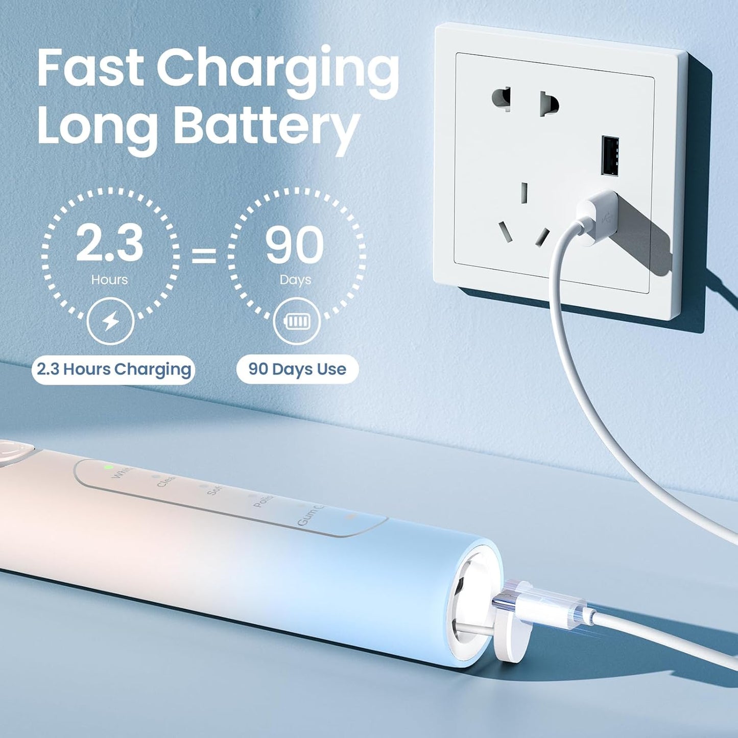 YUNCHI Electric Toothbrush for Adults and Kids, Sonic Rechargeable Battery Toothbrushes, 8 Brush Heads, 1 Travel Case, 2 Min Timer, IPX7 Waterproof, 5 Modes, Blue Yellow Gradient