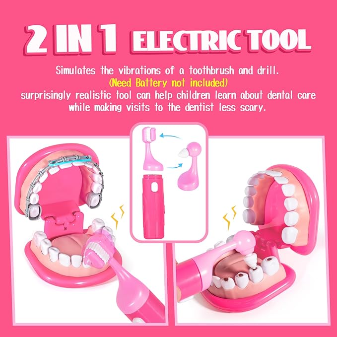 ULOVEME Pink Doctor Kit for Toddlers 3-5 with Costume - Dentist Kit for Kids with Teeth Model /Removable Teeth /Braces /Retainer - Toys for 4 Year Old Girls - Preschool Dramatic Play (Pink)